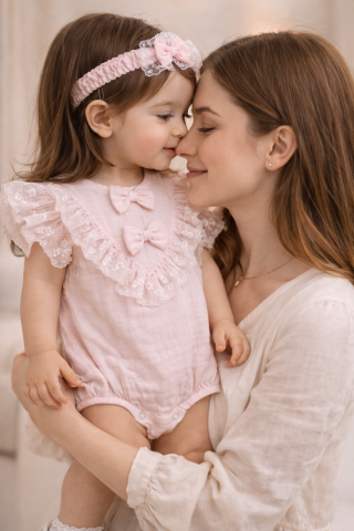 Body bebe roz din muselina cu dantela si fundite Kardesler [2]