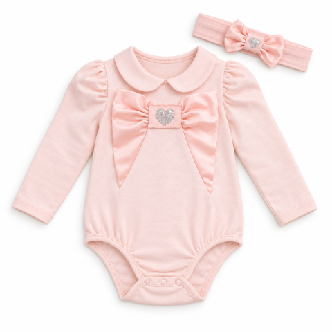 Body cu bentita fetite 100% bumbac maneca lunga roz [4]