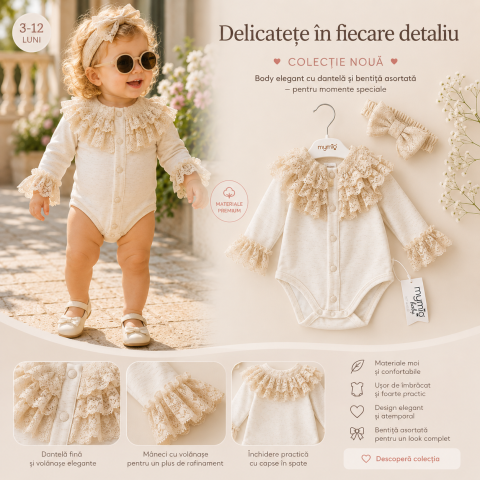 Imbracaminte - Body elegant fetite MYMIO cu bentita dantela crem 0-12 luni