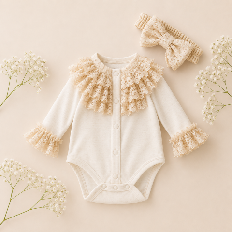 Imbracaminte - Body elegant fetite MYMIO cu bentita dantela crem 0-12 luni