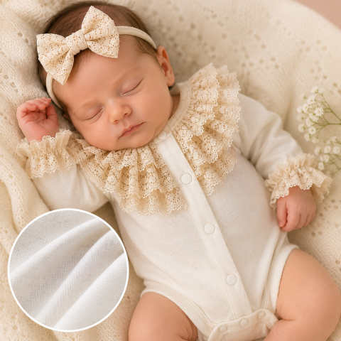 Body-uri bebe - Body elegant fetite MYMIO cu bentita dantela crem 0-12 luni