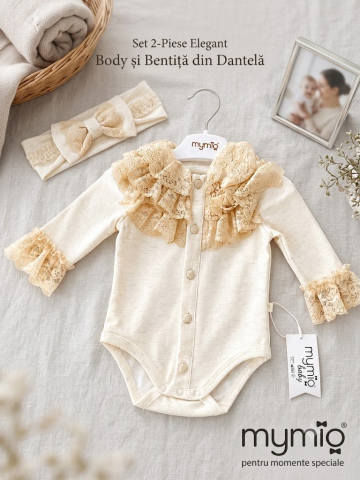 Body elegant fetite MYMIO cu bentita din dantela crem 0-12 luni [5]