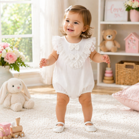 Imbracaminte - Body fetite alb din muselina cu dantela si fundite Kardesler