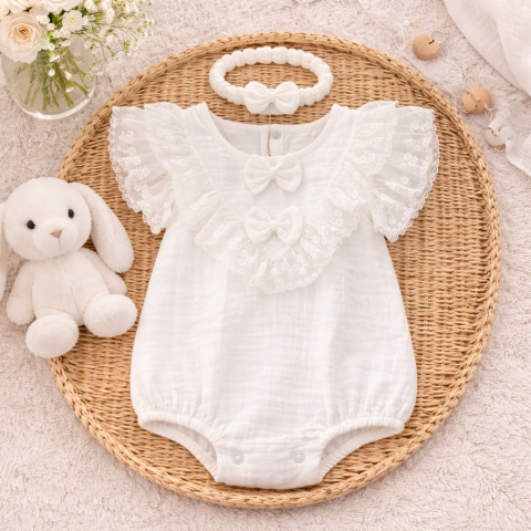 BODY - Body fetite alb din muselina cu dantela si fundite Kardesler