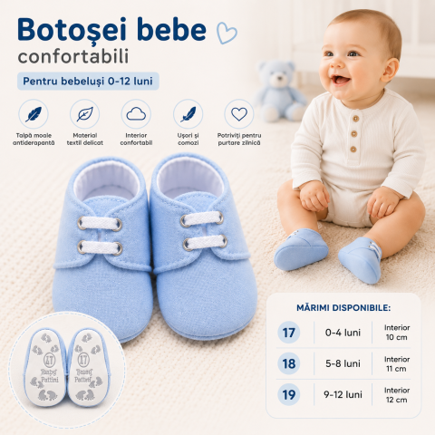 Botosi - Botosei bebe baieti Pattini talpa moale antiderapanta albastru 0-12 luni