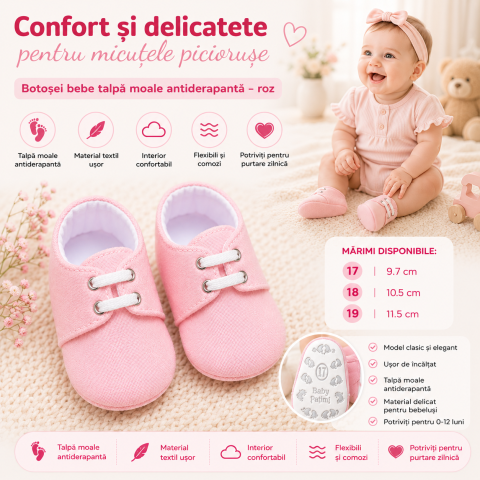 Botosi - Botosei bebe fetite Pattini talpa moale antiderapanta roz 0-12 luni