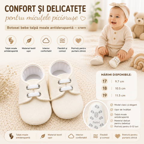 Botosi - Botosei bebe Pattini talpa moale antiderapanta crem alb 0-12 luni