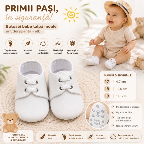 Botosi - Botosei bebe unisex Pattini talpa moale antiderapanta alb 0-12 luni
