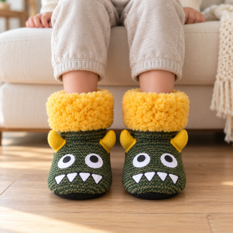 Botosi de casa copii SOXO Monster, cu blanita moale si talpa antiderapanta, verde-galben, marimea 30, talpa 20 cm [1]