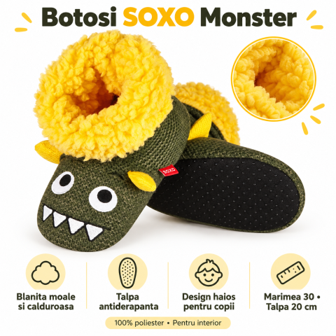 Botosi - Botosi de casa copii SOXO Monster, cu blanita moale si talpa antiderapanta, verde-galben, marimea 30, talpa 20 cm