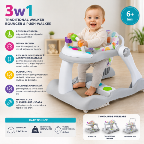 Premergator 3 in 1 pentru copii Bounce gri cu functie balansoar si antepremergator [4]