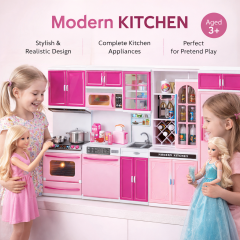 Electrocasnice si bucatarii - bucatarie-roz-papusi-frigider-cuptor-accesorii-Bebelul