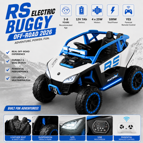 Buggy electric RS Off-Road pentru copii, 12V 7Ah, 4 motoare 25W, telecomanda parentala, USB, suspensii, alb cu albastru, baieti, 3-8 ani [1]