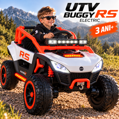 Buggy electric UTV RS Off-Road pentru copii, 12V 7Ah, 4×25W, telecomandă 2.4 GHz, balansare, troliu funcțional, lumini LED, portocaliu, 3 ani+ [7]
