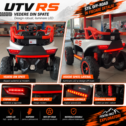 Buggy electric UTV RS Off-Road pentru copii, 12V 7Ah, 4×25W, telecomandă 2.4 GHz, balansare, troliu funcțional, lumini LED, portocaliu, 3 ani+ [6]