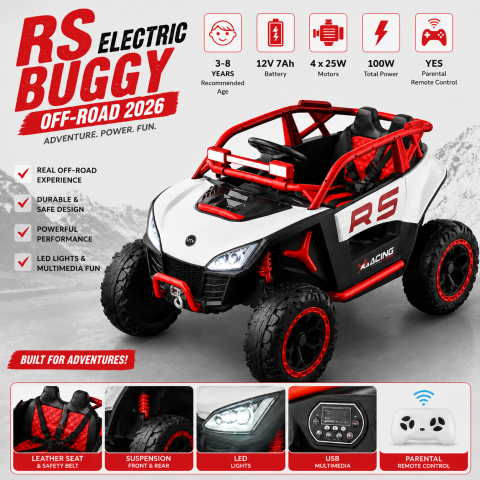 Buggy RS electric Off-Road pentru copii, 12V 7Ah, 4 motoare 25W, telecomanda parentala, USB, suspensii, ROSU, 1 loc, 3-8 ani [1]