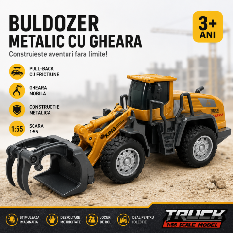 Vehicule de constructii - Buldozer metalic cu gheara si frictiune scara 1:55 XU YE Construction Truck 3 ani+