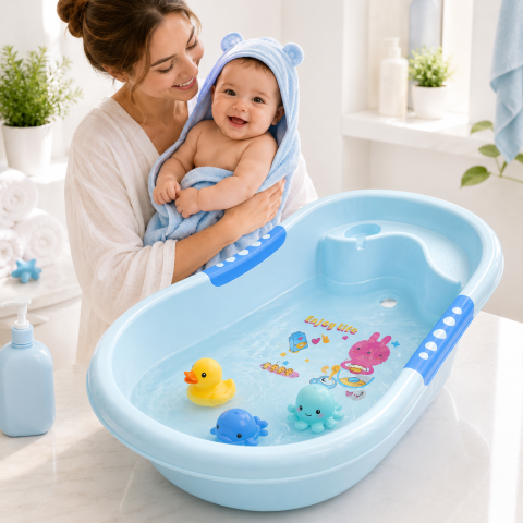 Cadite - Cadita bebe albastra cu dop de scurgere iepuras imprimat, baieti, 0+