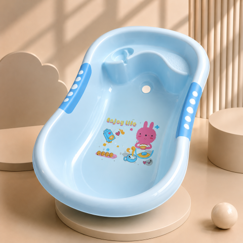 Cadite - Cadita bebe albastru cu dop de scurgere iepuras imprimat 86*53*27