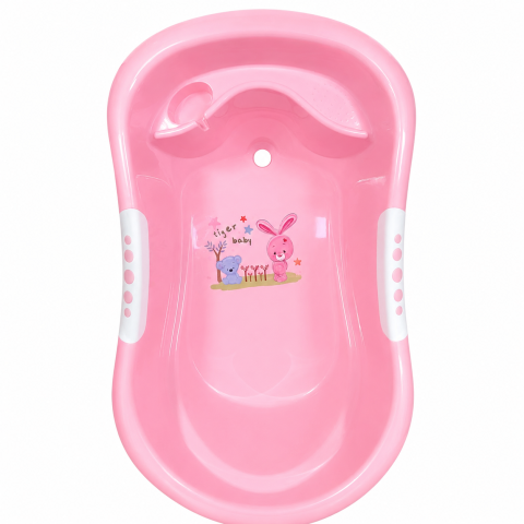 Cadite - Cadita bebe roz cu dop de scurgere, ursulet si iepuras imprimat 86*53*27