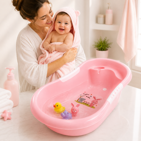 Cadita bebe roz cu dop de scurgere, ursulet si iepuras imprimat 86*53*27 [1]