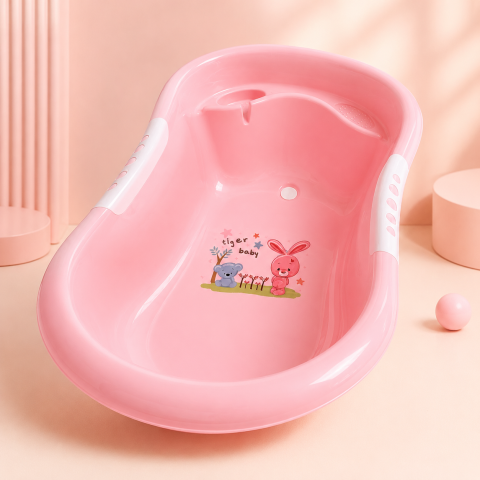 Cadite - Cadita bebe roz cu dop de scurgere, ursulet si iepuras imprimat 86*53*27