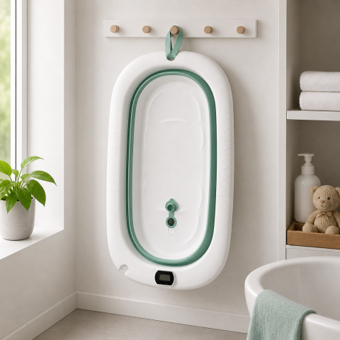 Cadita pliabila pentru bebelusi cu termometru digital verde 0-3 ani antiderapanta 75 cm [3]