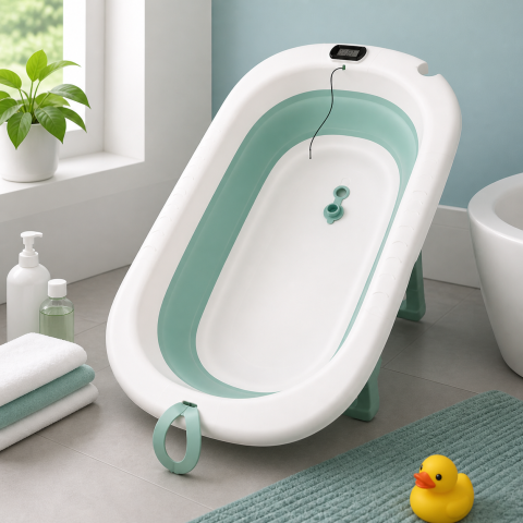 Cadite - Cadita pliabila pentru bebelusi cu termometru digital verde 0-3 ani antiderapanta 75 cm