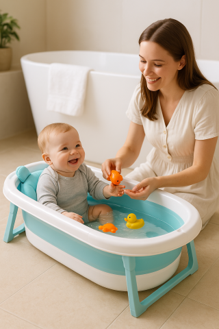 Cadita Pliabila pentru Bebelusi cu Perna si Termometru Digital – Albastru [6]