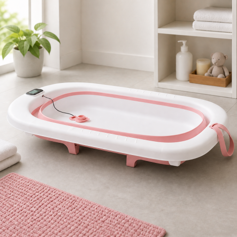 Cadita pliabila pentru bebelusi cu termometru digital roz 0-3 ani antiderapanta 75 cm [4]