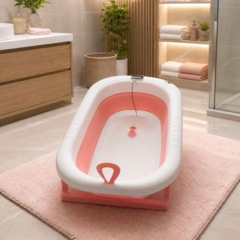 Cadite - Cadita pliabila pentru bebelusi cu termometru digital roz 0-3 ani antiderapanta 75 cm