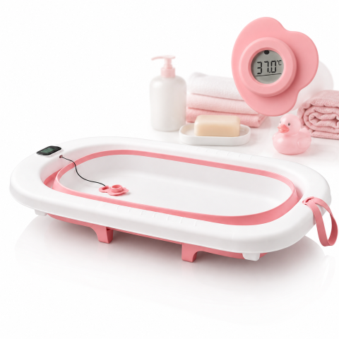 Cadite - Cadita pliabila pentru bebelusi cu termometru digital roz, fetite, 0-3 ani, antiderapanta 75 cm