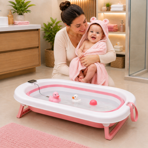 Cadita pliabila pentru bebelusi cu termometru digital roz, fetite, 0-3 ani, antiderapanta 75 cm [1]