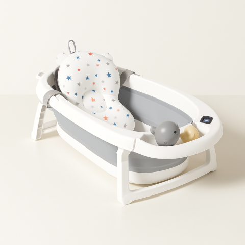 Cadita Pliabila pentru Bebelusi cu Termometru si Salteluta cu Stelute, Gri [4]