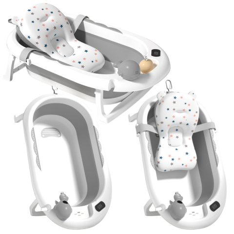 Baia bebelusului - Cadita Pliabila pentru Bebelusi cu Termometru si Salteluta cu Stelute, Gri