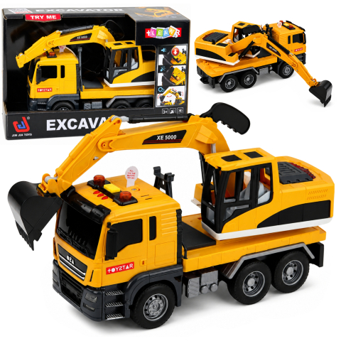 Jucarii - Camion cu Excavator LEAN Toys, Cupa Mobila, Lumini si Sunete, 1:14, Galben, 3 ani+
