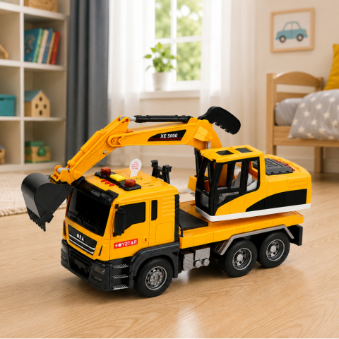 Camion cu Excavator LEAN Toys, Cupa Mobila, Lumini si Sunete, 1:14, Galben, 3 ani+ [2]