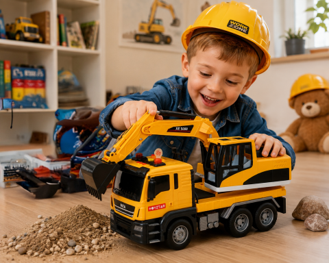 Camion cu Excavator LEAN Toys, Cupa Mobila, Lumini si Sunete, 1:14, Galben, 3 ani+ [5]