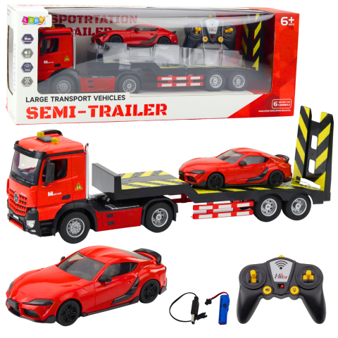 Jucarii cu telecomanda (RC) - Camion cu telecomanda Transporter cu masina sport Rosu 1:16, 6 ani+