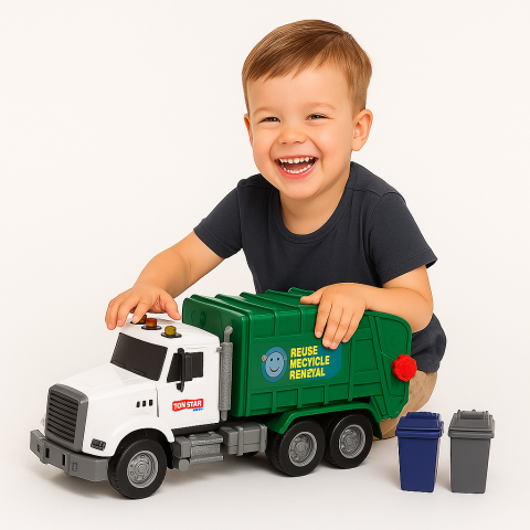 Jucarii Copii - Camion de Gunoi cu Containere Lumini si Sunete Verde 1:14