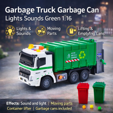 Seturi camion - Camion de Gunoi cu Pubela Lumini si Sunete Verde 1:16