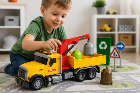 Camion de gunoi pentru colectare selectiva cu containere, lumini si sunete, galben, 3 ani+ [4]