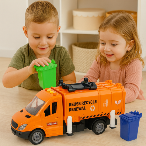 Masinute - camion-gunoi-portocaliu-sunete-friction-drive-benzi-colectare-Bebelul