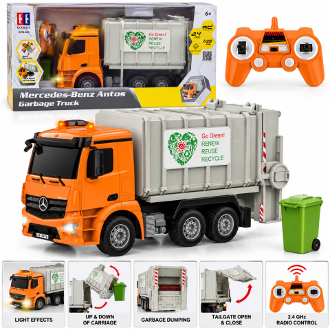 Jucarii cu telecomanda (RC) - Camion de gunoi RC Mercedes-Benz Antos Double E E676-003, licență Mercedes, 1:26, telecomandă 2,4 GHz, container basculabil, compactor, 6 ani+