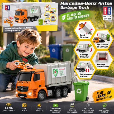 Camion de gunoi RC Mercedes-Benz Antos Double E E676-003, licență Mercedes, 1:26, telecomandă 2,4 GHz, container basculabil, compactor, 6 ani+ [1]