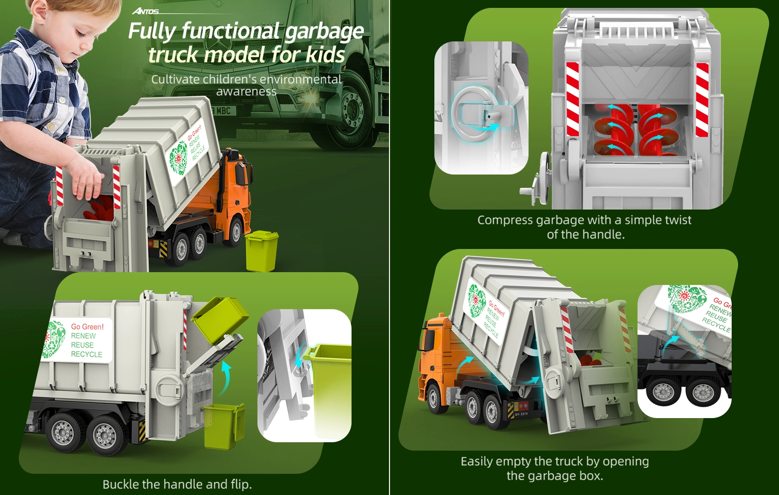Camion de gunoi RC Mercedes-Benz Antos Double E E676-003, licență Mercedes, 1:26, telecomandă 2,4 GHz, container basculabil, compactor, 6 ani+ [3]