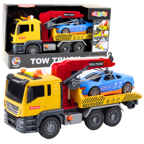Jucarii - Camion de Tractare cu Macara si Masina Sport, Lumini, Sunete, Roti din Cauciuc, Baterii Incluse, 3 Ani+