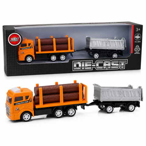 Seturi camion - Camion forestier metalic cu remorca si busteni pull back portocaliu 3 ani+