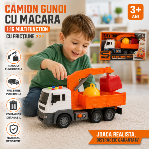 Masinute - Camion Gunoi cu Macara si Frictiune 1:16 Portocaliu