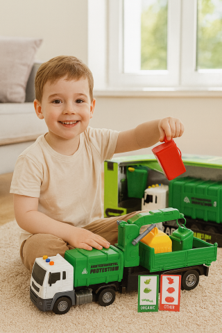 Jucarii Copii - Camion Gunoi Verde cu Macara si Frictiune 1:16 cu Remorca